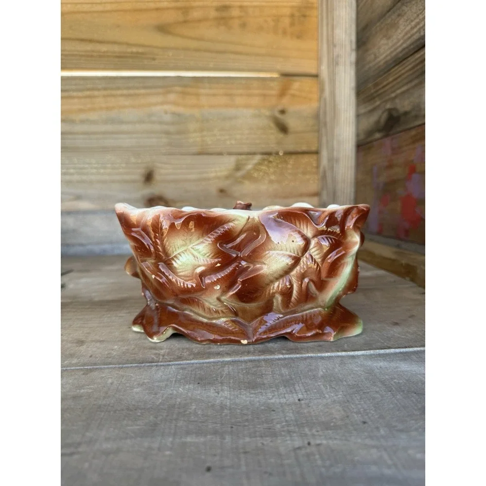 Vintage 40s-50s Ceramic Planter Vase Pomegranate And Leaves Gold Accents Crazing